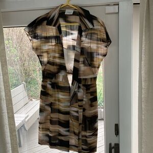 Chic Tan, Mustard and Deep Mahogany Dress. Light and airy. Attached belt.